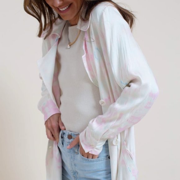 SOMETHING NAVY Tie Die Satin Trench Coat NWOT - Picture 2 of 12